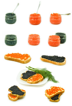 Isolated image of red and black caviar on a white background