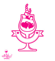 Vector art illustration of wineglass with two red loving hearts.