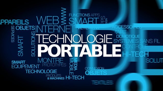 Technologie portable et objets connect&eacute;s techno mettable wearable appareil intelligent nuage de mots texte mots-cl&eacute;s tag cloud