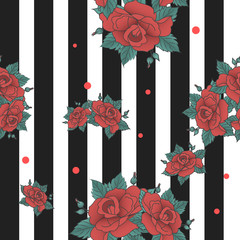 Obraz premium Vector seamless pattern, anchored with a flower on a background of black and white stripes fashion background