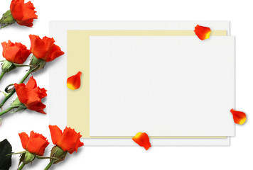Beautiful Red Roses and Petals Mockup for presentations. Desktop workplace top view. Modern trend template for advertising. Product branding mockup.