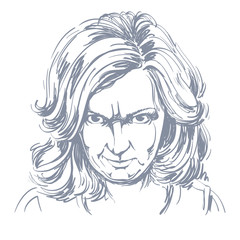 Hand-drawn portrait of white-skin arrogant woman with wrinkles o