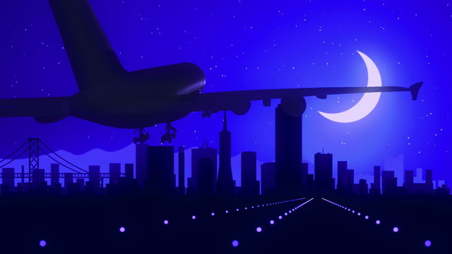 San Francisco USA America California Sutro Tower Mount Davidson Tourism Airplane Travel Skyline Voyage Evening Sightseeing Silhouette Background Moon Night Blue Romantic Usefull for commercial 