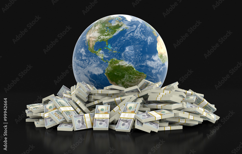Poster pile of dollars and globe. image with clipping path