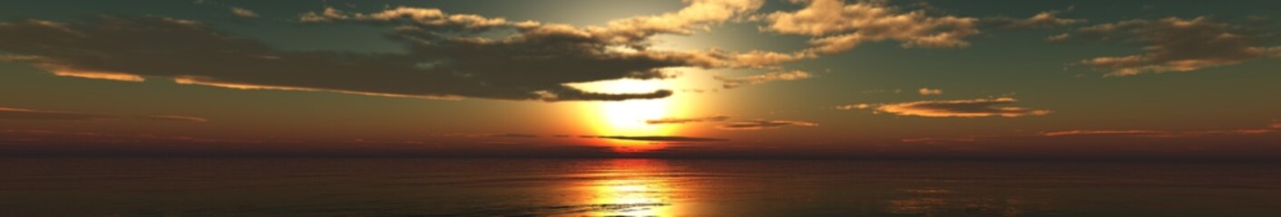panoramic sunset over the sea, the sun in the clouds. clouds in the sky