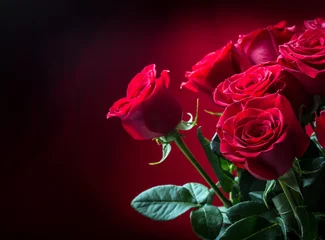 Foto op Plexiglas Roos. Rode rozen. Boeket van rode rozen. Valentijnsdag, trouwdag achtergrond. Rozenblaadjes en harten Valentijn geschenkdozen. Valentines en bruiloft grens. Waterdruppels op rozenblaadjes. © weyo