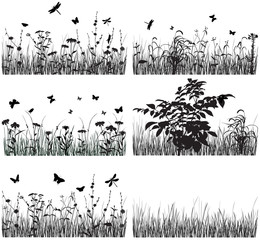 Collection of silhouettes of flowers and grasses