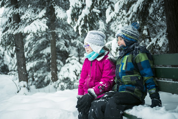 Fototapeta na wymiar Little girl and boy in winter season