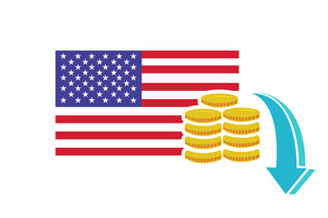 Flat vector image of the flag of the United States of America with coins and a downward arrow