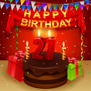 Happy 27th Birthday with chocolate cream cake and triangular flag