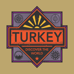 Stamp or vintage emblem with text Turkey, Discover the World