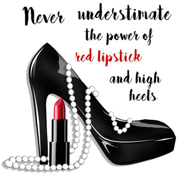 Fashion Illustration with text background - fashion and beauty illustration - black stiletto shoe with pearls and lipstick 