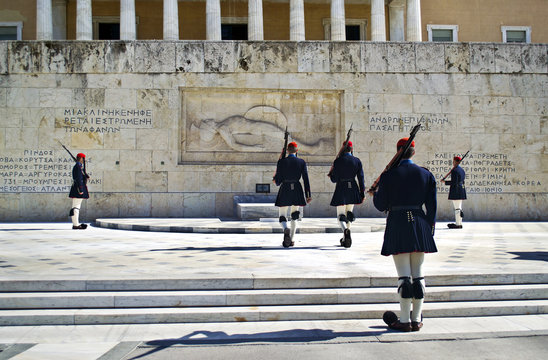 greek evzones, greek tsolias, guarding the presidential mansion in front of the tomb of the unknown soldier, army infantry