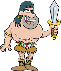 Cartoon illustration of a barbarian holding a sword.