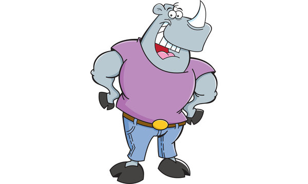 Cartoon illustration of a rhinoceros wearing jeans and a T shirt.