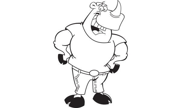 Black and white illustration of a rhinoceros wearing jeans and a T shirt.
