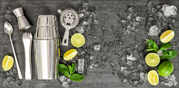 Accessories and ingredients for cocktail lime, mint, ice