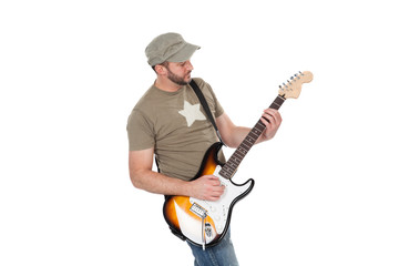 Musician playing electric guitar with enthusiasm. Isolated on white