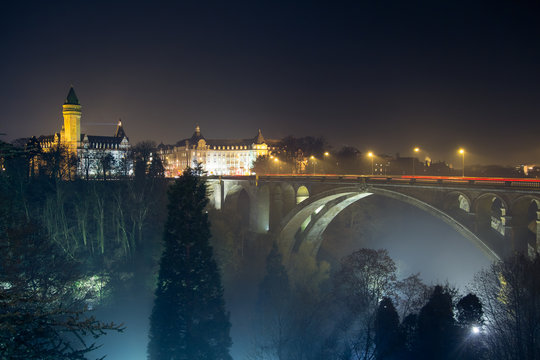 Night Skyline Of Luxembourg Adolphe Bridge