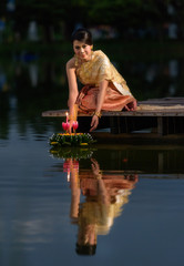 Loy Krathong Traditional Festival, Thai woman hold kratong, Thailand