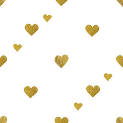 Gold  hearts on white background. Seamless pattern