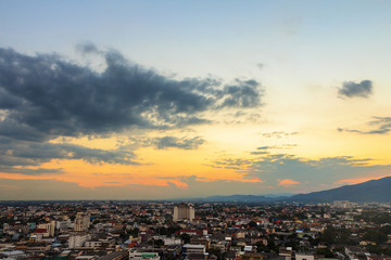 City and mountain in evening
