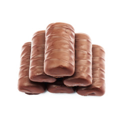 Chocolate candy bars isolated on white background, close-up