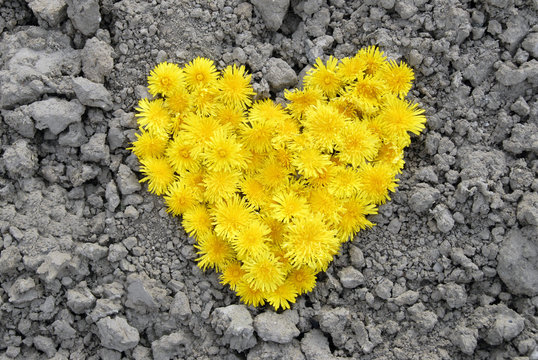 een gele hart op kleigrond close up