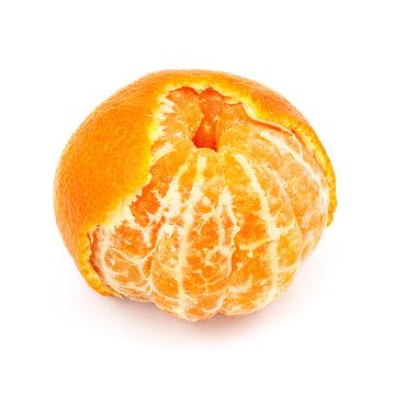Tangerine fruit, with partially peeled skin isolated on white background