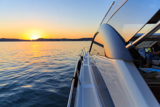 luxury motoryacht at sunset
