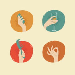 vintage looking vector female hands with accessories icons set 0