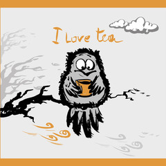 Owl with a cup tea in the autumn, vector illustration