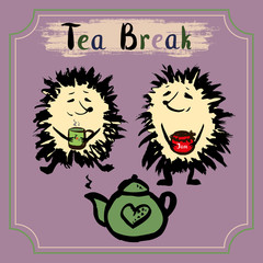 Tea break. Two hedgehog with a mug of tea, tea and jam