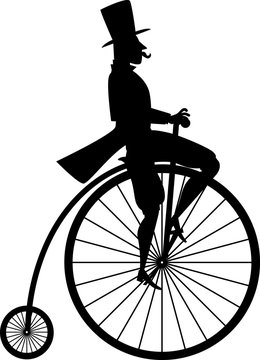 Black vector silhouette of a gentleman on a vintage penny-farthing bicycle, EPS 8