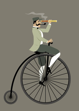 Victorian gentleman with a pipe and a telescope riding a penny-farthing bicycle, EPS 8 vector illustration