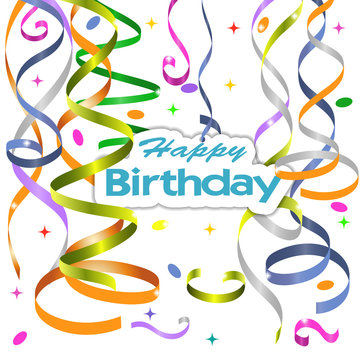 Vector birthday card with curling, confetti and serpantine