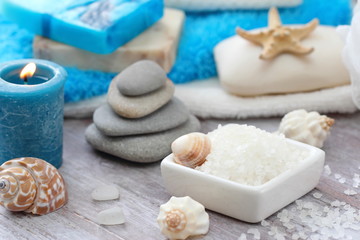 Fototapeta na wymiar Salt and soap with sea minerals