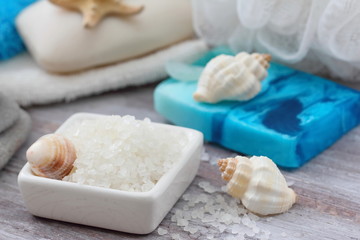 Fototapeta na wymiar Salt and soap with sea minerals
