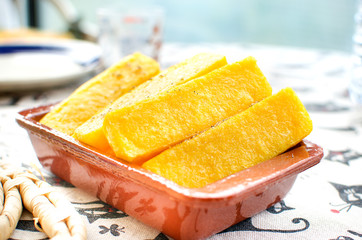 cornmeal slices mush closeup, 