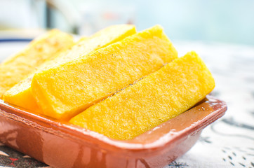 cornmeal mush slices closeup