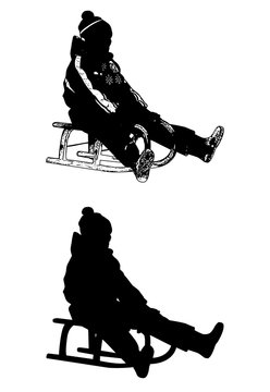 sledding illustration and silhouette - vector