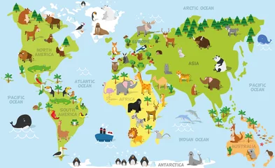 Lustige Cartoon-Weltkarte mit traditionellen Tieren aller Kontinente und Ozeane. Vektorillustration für Vorschulerziehung und Kinderdesign © asantosg