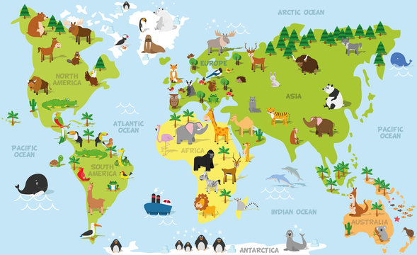 Fototapeta Mapa świata zabawnych kreskówek z tradycyjnymi zwierzętami ze wszystkich kontynentów i oceanów. Wektorowa ilustracja dla przedszkola edukaci i dzieciaka projekta