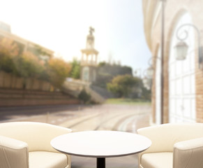 Table Top And Blur Building Of Background