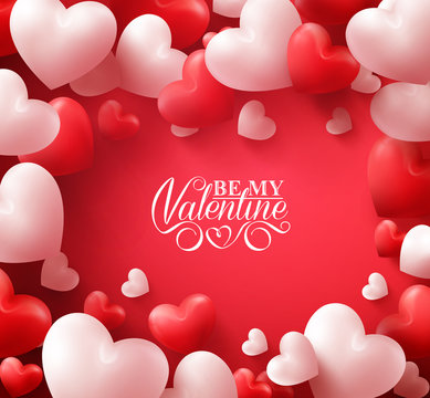 Colorful Soft and Smooth Valentine Hearts in Red Background with Happy Valentines Day Greetings in the Middle. Vector Illustration
