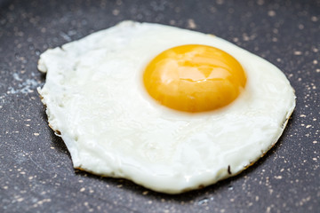 Fried egg in the frying pan.