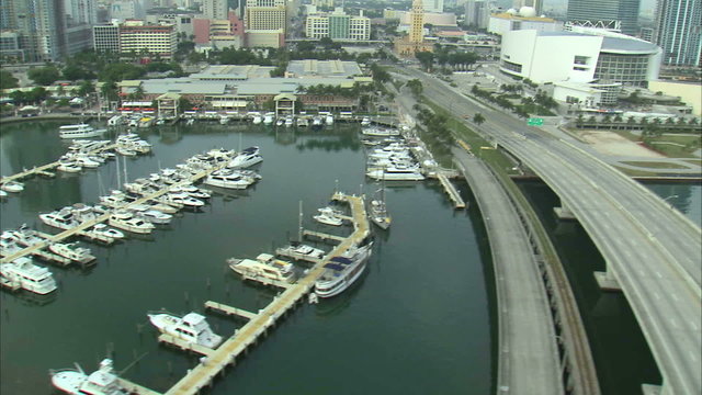Flying over a boat marina in Miami.