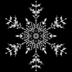 Snowflake icon graphic sign symbol drawing. White snowflake isolated on black background. High resolution detailed graphic illustration flake of snow