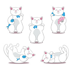 Set of sitting and lying maneki neko cats. Vector illustration