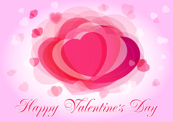 Valentine`s card hearts pink. Happy Valentine's Day banner with pink hearts and hearts bokeh lighting